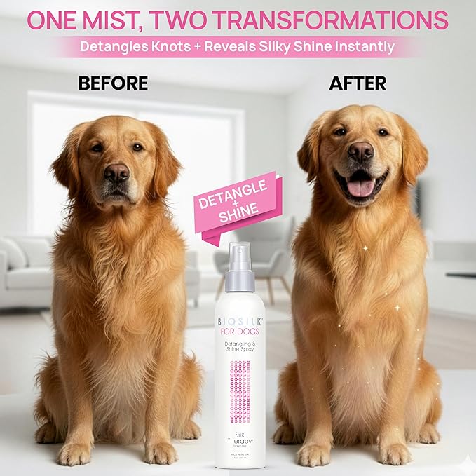 BioSilk for Dogs Silk Therapy Detangling and Shine Protecting Spray, pH Balanced Leave-in Mist with Silk and Vitamins for Dematting, Paraben-Free, All Coats and Breeds, 8 Fl Oz - 2 Pack