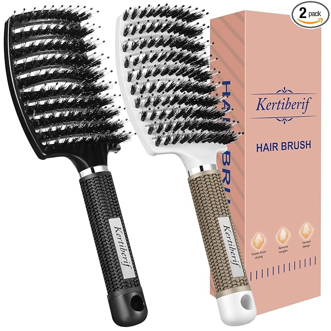 Boar Bristle Hair Brush 2PCS, Curved Vented Detangling Brush for Wet and Dry Hair, Styling Paddle Hairbrush for Women Men Kids Curly Straight Thick Long or Short Hair
