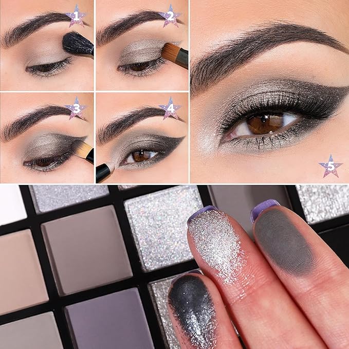 Black Smokey Grey Eyeshadow Palette, 15 Colors Shimmer Matte Eye Shadow Makeup Palette, Colorful Long Lasting High Pigmented Dark Grey Glitter Eyeshadow Palette for Daily,Goth Makeup and Halloween