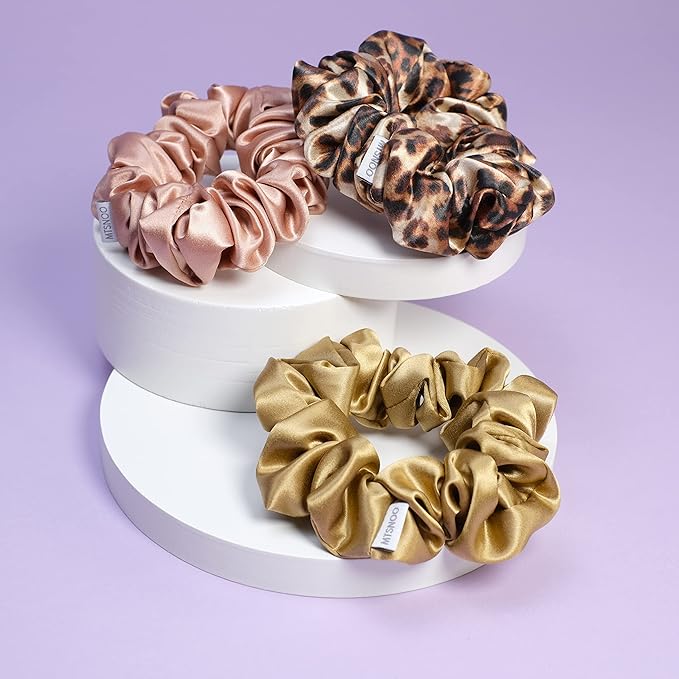 MTSNOO Silk Scrunchies, 100% Pure 22 Momme Mulberry, 3 Pack, RoseGold+GoldLeopard+Gold, Hair Ties for Curly Hair, Elastic Band, Scrunchies Set for Women Girls