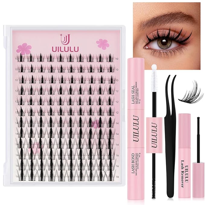 Uilulu Lash Clusters kit 10-16mm DIY Lash Extension Kit 120 D Curl Manga Lash Clusters 0.07D Wispy Individual Lashes Clusters False Eyelashes Eye Lash Kits At Home Lash Extensions Kit