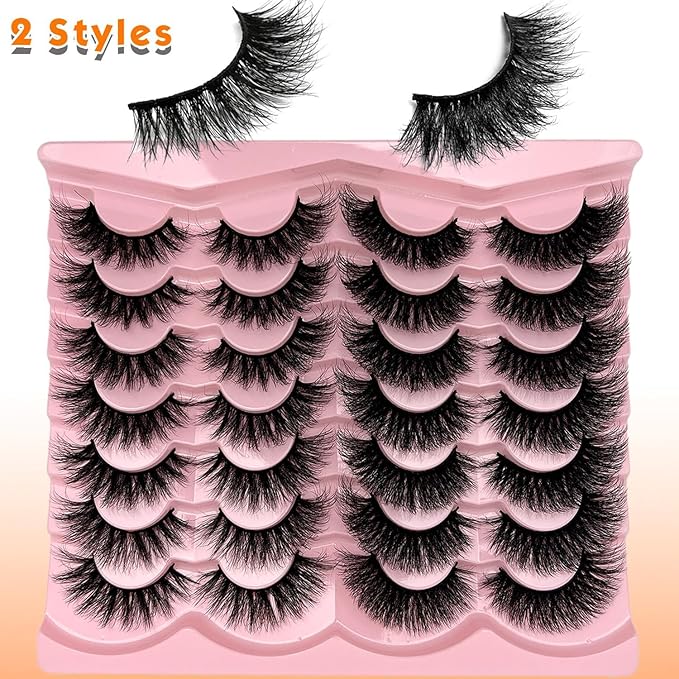 loladook Mink Lashes Pack 3D Cat Eye Strip Lashes Wispy D Curl Faux Mink Eyelashes Natural 18mm Long Dramatic Fluffy Eyelashes Pack 2 Styles