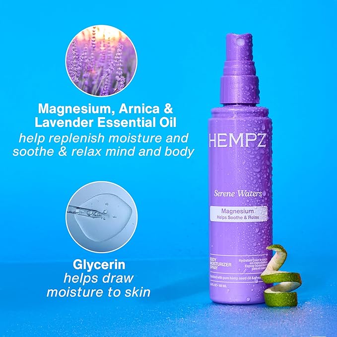 Hempz Magnesium Body Spray, Serene Waters, Soothing and Hydrating Moisturizer Mist with Arnica, Travel Friendly, 3.4 fl.oz.