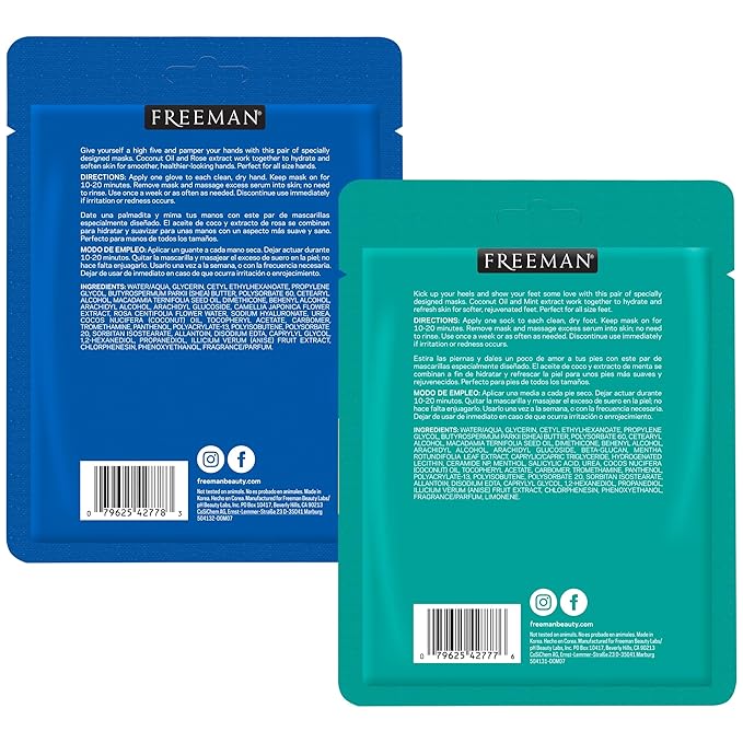 Freeman Flirty Feet Foot Mask 2-Pack & Silky Hands Hand Mask 2-Pack – Moisturizing Socks with Coconut Oil & Mint Extract + Hydrating Gloves with Coconut Oil & Rose Extract
