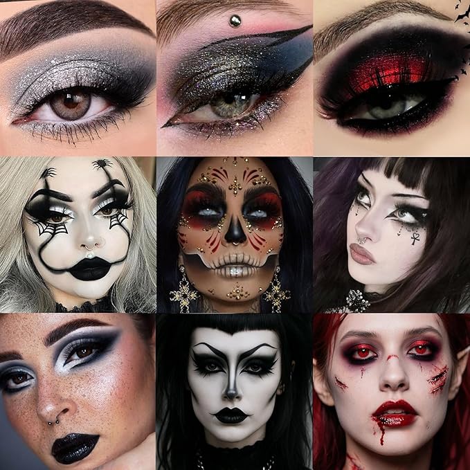 Afflano Goth Makeup Gray Black Eyeshadow Palette, Grunge Smokey Eye Eyeshadow Palette Highly Pigmented, Blendable Chrome Glitter Silver White Grey Dark Red Eye Shadow Palette, Emo SFX Halloween Makeup