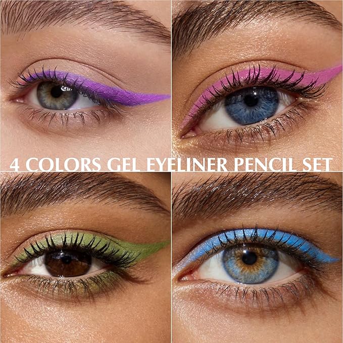 4Pcs Pink Green Blue Purple Eyeliner Pencil, Sharpenable Colorful Gel Eye Liner Pen Smudge proof, Waterline Eyeliner Set for Older Women Smooth Metallic Cream Eyeshadow Stick Highly Pigmented
