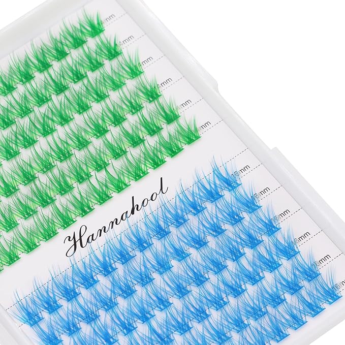 12rows-Large Tray Mixed 8-10-12-14-16mm/Mixed 14-15-16mm/Mixed14mm-16mm/Mixed 18-20mm Wide Stem Individual False Eyelashes Dramatic Black Cluster Eyelashes (LC07-Green-blue-14-16mm)