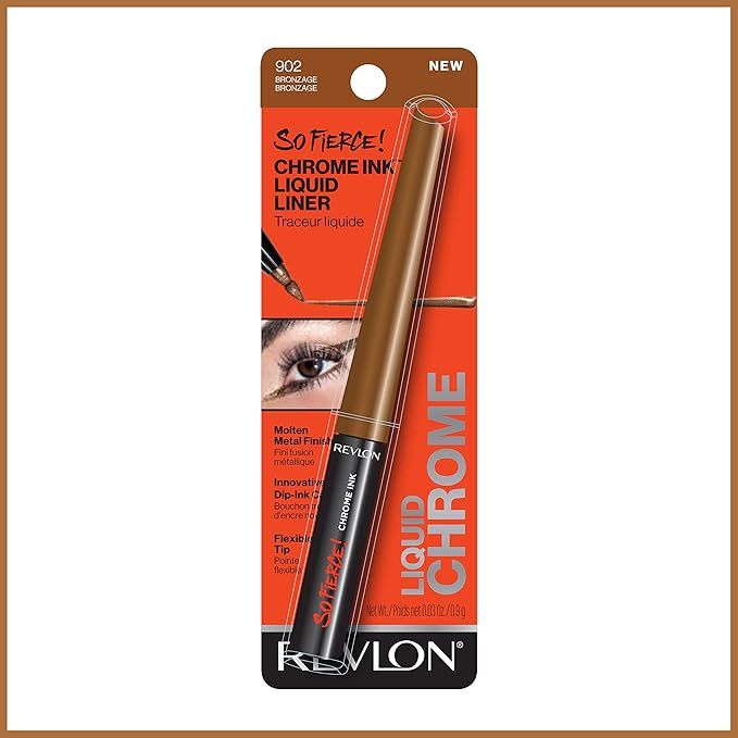 Revlon So Fierce! Chrome Ink Liquid Eyeliner, Longlasting Bold Metallic Pen Liner with Dip Ink Cap for Pearl, Shimmer Blend, 902 Bronzage, 0.03 oz.