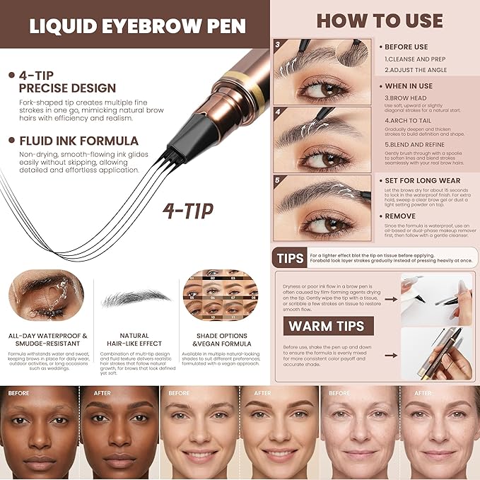 2 Pack 4-Tip Microblading Eyebrow Pen with 2 Brow Brushes, Waterproof Vegan Formula Eyebrow Pencils for Women to Effortlessly Create Natural Hair-Like Strokes, All-Day Wear (Light Brown)