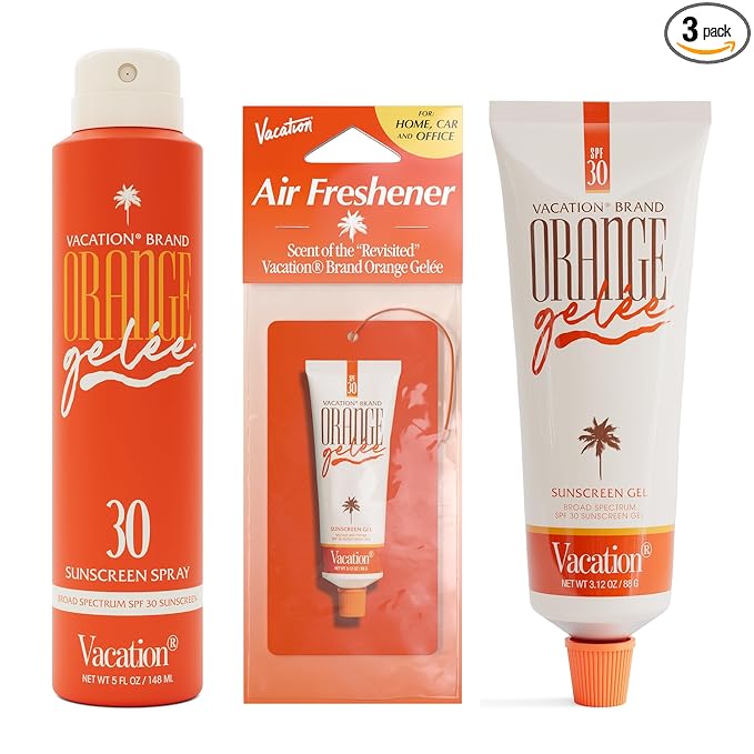 Vacation Orange Gelée SPF 30 Ultimate Bundle — Gel Tube Sunscreen, Spray Oil Sunscreen & Hanging Car Air Freshener, Hydrating Broad Spectrum UVA/UVB Protection, French Riviera Scent, Travel-Ready