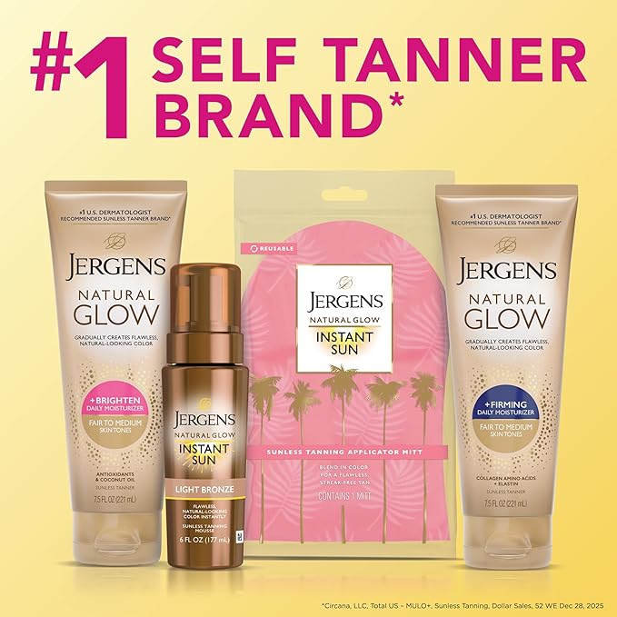 Jergens Natural Glow +Firming Self Tanner Body Lotion, Fair to Medium Skin Tone, Sunless Tanning Moisturizer with Collagen and Elastin. Helps to Visibly Reduce Cellulite, 7.5 Fl Oz