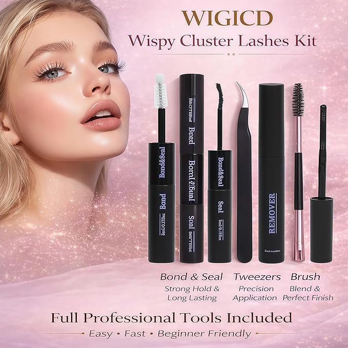 Lash Clusters Kit, Eyelash Clusters Individual Lash Extension Kit 480 Pcs D Curl Fluffy Wispy False Eyelashes Extensions Thin Band with Bond Seal Tweezers Brush Removers (80D+100D KIT9-16mm)