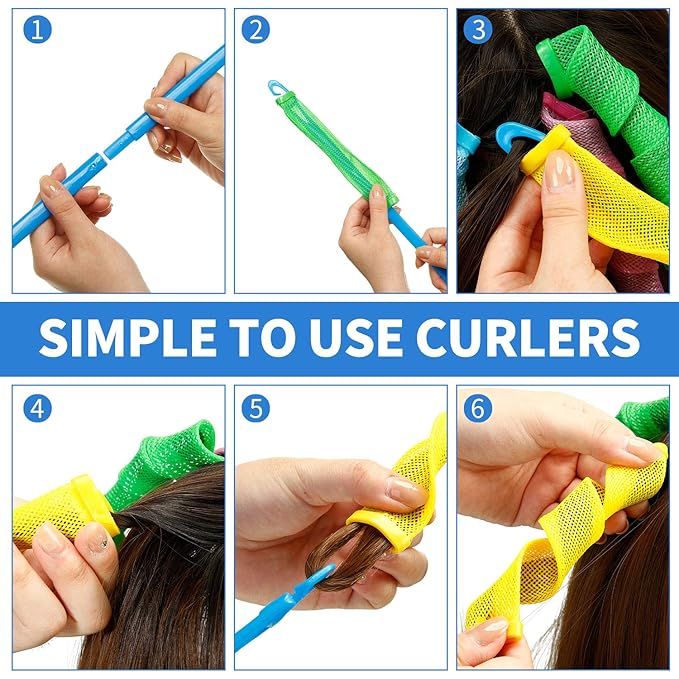 WILLBOND 28 Pieces Heatless Curlers No Heat Spiral Curls Hair Curlers Styling Kit with 2 Pieces Styling Hooks for Most Kinds of Hairstyles (Assorted Color, 15 cm)