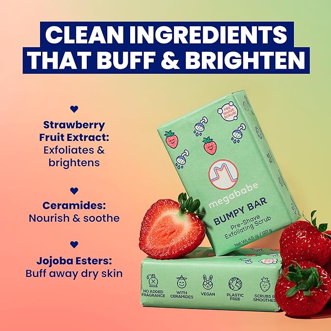 Megababe Bumpy Bar | Pre-Shave Exfoliating Scrub | with Shea Butter, Strawberry Fruit Extract & Ceramides | 4.5 oz