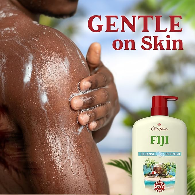 Old Spice Body Wash for Men, 24/7 Shower Fresh with Lasting Scent, Cleanse & Refresh, Gentle on Skin, Vitamin B3, Fiji with Palm Tree + Coconut Scent, 25 oz (Pack of 4)