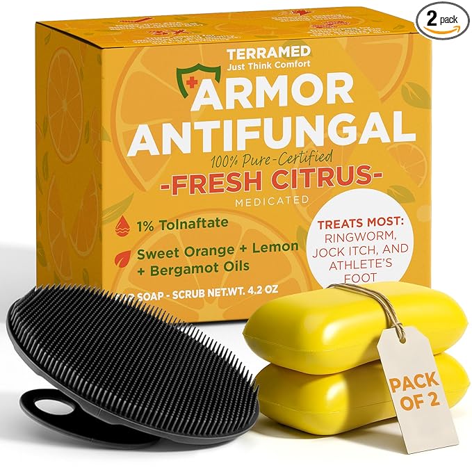 Antifungal Soap with Lemon Oil | Medicated Jock Itch Treatment Helps Fight Ringworm & Athlete’s Foot | Tolnaftate 1% Antifungal Cleansing Bars with Scrubber Infused with Sweet Orange & Grapefruit Oil