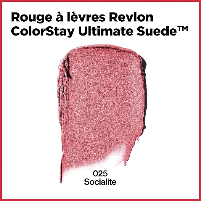 REVLON Lipstick, ColorStay Ultimate Suede Lipstick, High Impact Lip color with Moisturizing Creamy Formula, Infused with Vitamin E, 025 Socialite, 0.09 Oz