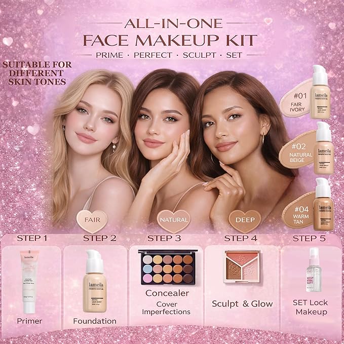 All in One Makeup Kit for Women & Beginners, Full Face Makeup Set with Eyeshadow Palette, Lip Gloss, Foundation & Brushes, Makeup Gift Set for Teens & Girls, Suitable for Different Skin Tones