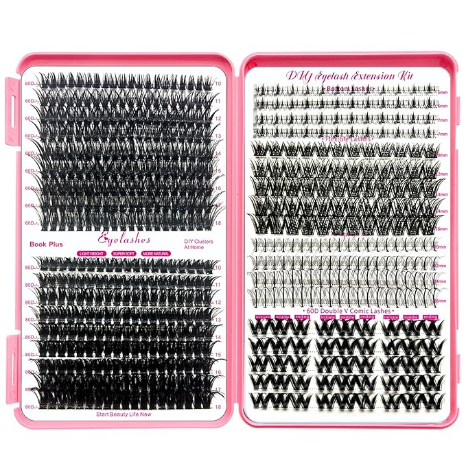 DNSGOOR DIY Lash Extension Kit 584 Pcs Lashes Clusters with Bottom Lashes Lash Bond and Seal Glue Remover Lash Shampoo Cleansing Brush Headband Wristband Tweezers Eyelash Brush Applicator