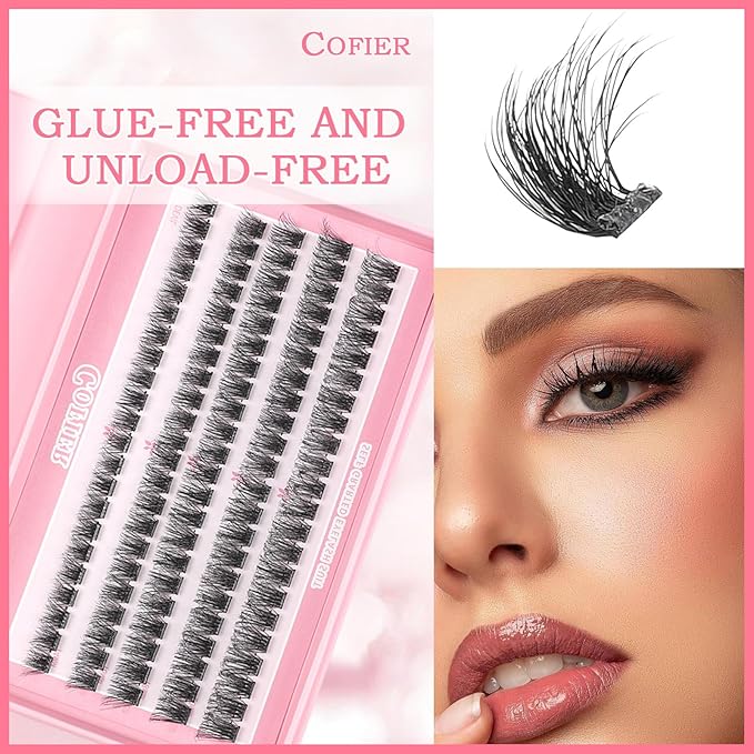 Glue-Free Wispy Lash Clusters Kit, 100 Pcs Individual Eyelash Clusters (12-20mm D Curl)- DIY Lash Extension Kit with Eyelashes Tweezers, Natural Fluffy Fake Lashes for Home Use, Beginners Friendly