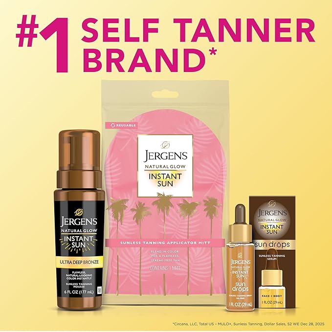Jergens Natural Glow Instant Sun Body Mousse, Self Tanner for Ultra Deep Bronze Tan, Sunless Tanning Body Bronzer, Natural Looking Fake Tan, 6 Oz, Pack of 2