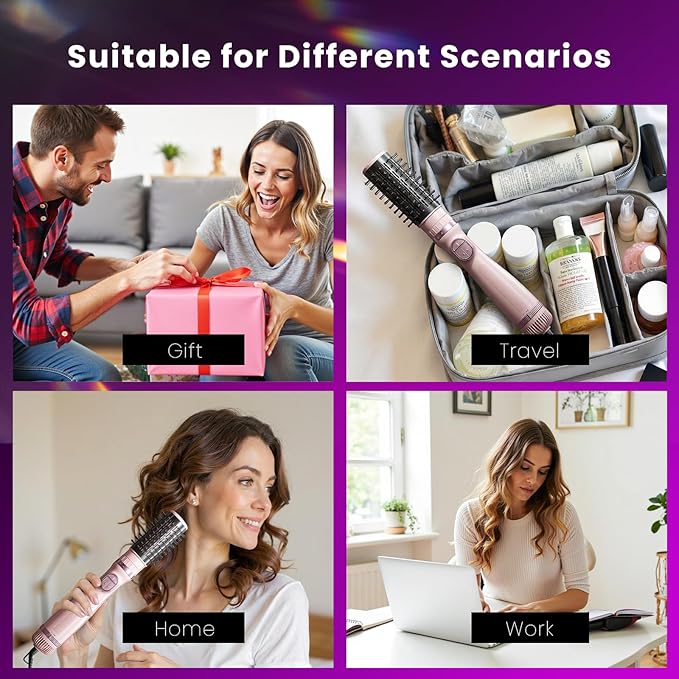 Blow Dryer Brush, 3-in-1 Rotating Hair Dryer Brush with 3 Heads for Drying Styling Volumizing Curling Sleeking in One Step for Long Hair, 3 Temperatures, Negative Ionen, Ceramic Coating, Pink