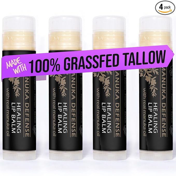 BALM OF GILEAD Manuka Defense Healing Lip Balm - Intensive Moisture Therapy in Tube w/Manuka, Tea Tree & Cooling Peppermint - Ideal for Chapped & Cracked Lips - Beauty Pack Of 4-0.15 oz