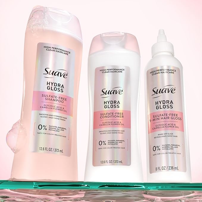 Suave Hydra Gloss Sulfate Free Conditioner with Glycolic Acid & Camellia Flower Oil for Hydrated, Smooth, Glossy Shine, 6 Count, 12.6 FL OZ