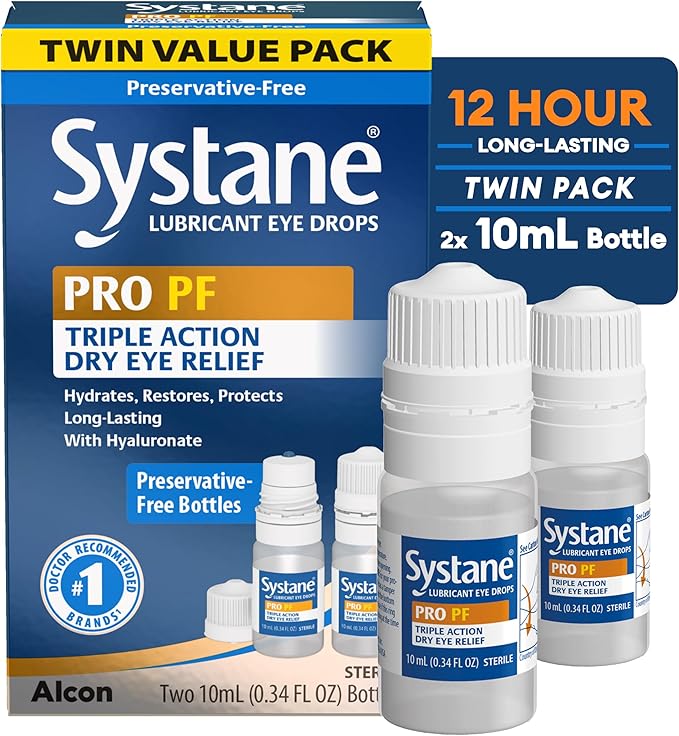 Systane PRO PF Lubricating Eye Drops for Dry Eyes, 2 x 10 mL, Preservative Free with Hyaluronate, Triple-Action Formula to Hydrate, Restore & Protect, Multi-Dose Bottle