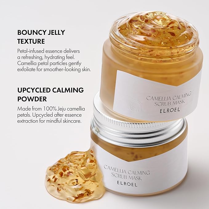ELROEL Camellia Calming Scrub Mask - Hydrating, Calming and Exfoliating Facial Scrub with Hyaluronic Acid and Jeju Water - Gentle Face Wash Exfoliator for Smoother Skin - Korean Skin Care 1.69 Fl Oz
