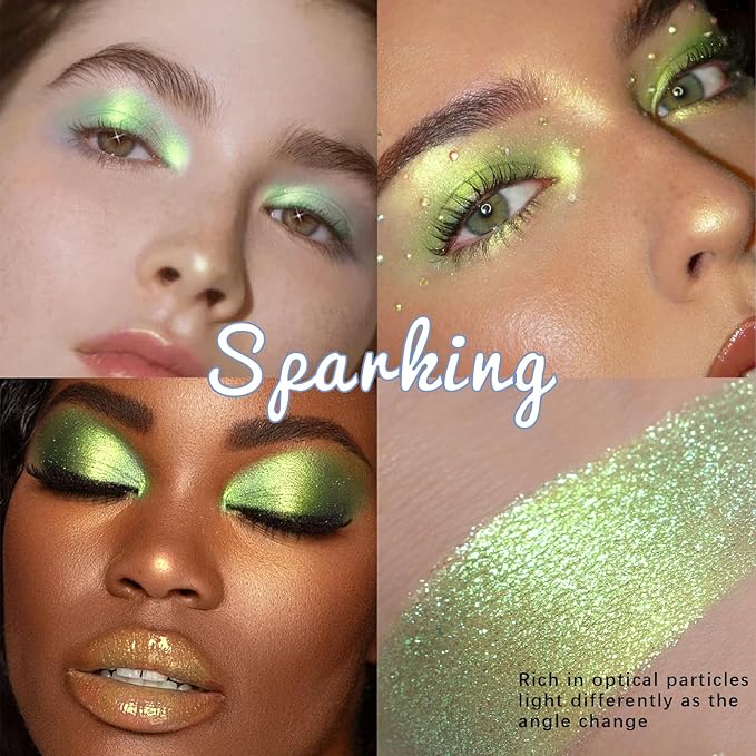 Noerrors Green Gold Holographic Duochrome Glitter Eyeshadow, Multichrome Rich Color Shimmer Metallic Eyeshadow for Blue Green Eyes, Satin Shiny Iridescent Mermaid Eye Makeup Palette Rave Accessories