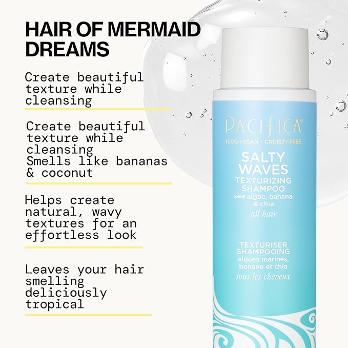 Pacifica Salty Waves Texturizing Shampoo - Beachy Textured, Messy Look, Hair Styles - Moisturizing Hair Care w/Vitamin B & E - Banana Scent Clean Beauty Vegan & Cruelty-Free Dermatologist Tested