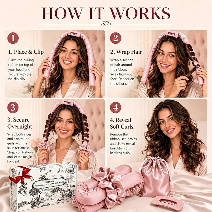 EnteromMuse Jumbo Heatless Curls Overnight Heatless Hair Curler – Oversized Heatless Curling Rod, No Heat Damage Hair Curler for Voluminous Curls, Heatless Rollers & Curls Set with Satin Fabric