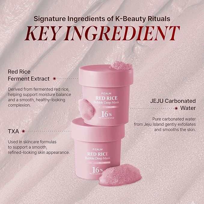 P.CALM Red Rice Bubble Deep Mask | Uneven Tone & Brightening Care, Carbonated Water & Red Rice Ferment for Smooth, Clean Skin, Clay Wash-Off Pack | Korean Skincare, 90g / 3.17 oz