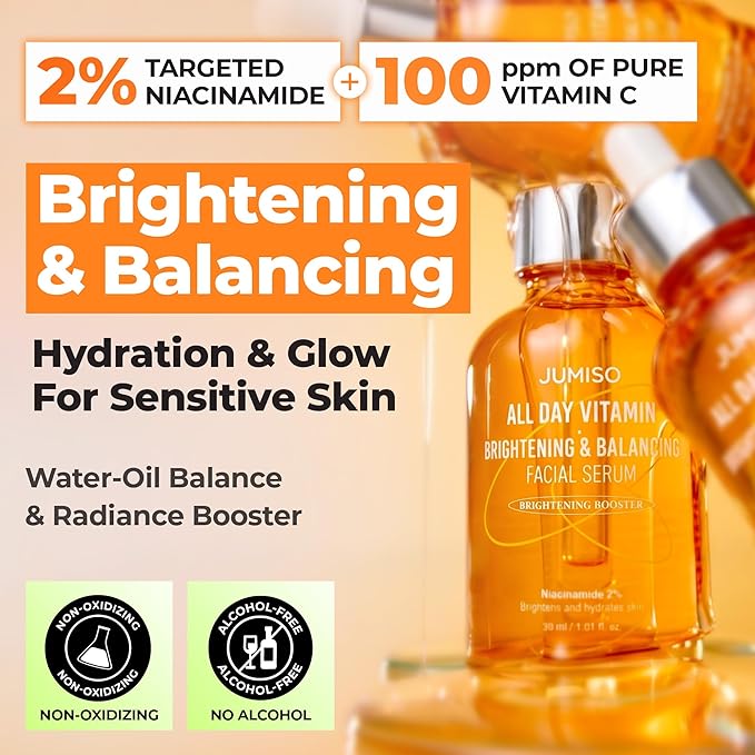 JUMISO All Day Vitamin Serum, Brightening & Balancing Facial Serum, Gift, Vitamin C, A, B, D, E , Serum with Vitamin, Korean Skincare, Skin brightening, soothing, Vegan serum, Vitamin tree extract 86.14%, Niacinamide 20,000ppm,1.01 fl oz (serum)