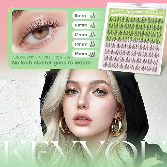KEYYOU Aurora Lash Clusters Invisible Band C Curl Natural Soft Waterproof Only 8mm Length Lash Extension Easy to Apply at Home Cosmetic Makeup Natural False Eyelashes
