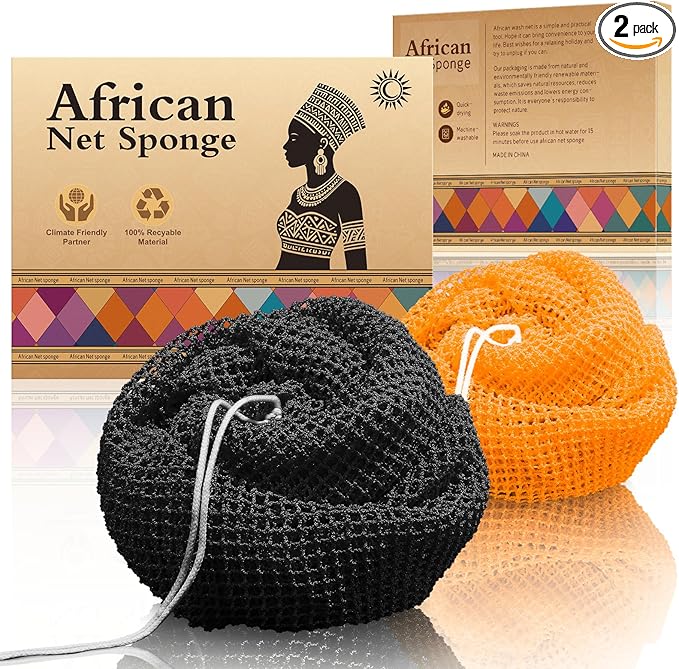 Authentic African Net Sponge - 2 Pieces Deep Clean Exfoliating Sponge - Soft Weave for Gentle Exfoliation, All-Skin-Type Shower Accessory (Black Orange)
