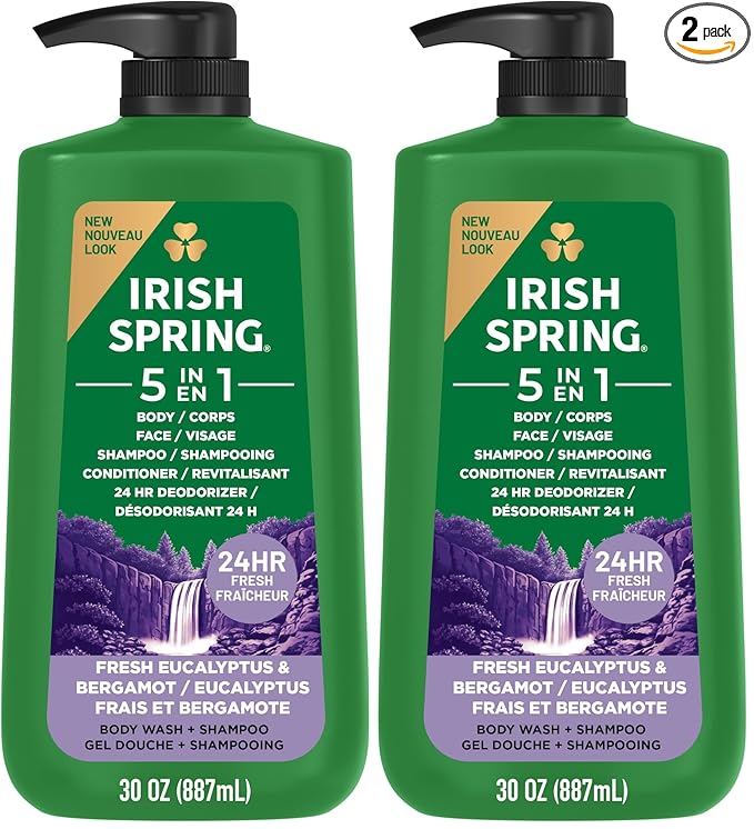 Irish Spring 5 in 1 Body Wash for Men | 24 Hour Freshness | For Body Face Hair | Biodegradable Ingredients | 30 Oz Pump 2-Pack