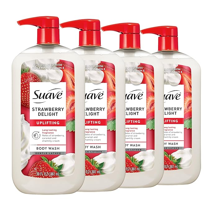 Suave Strawberry Delight Uplifting Body Wash, Formulated with Glycerin and Vitamin E for Hydrating and Gently Cleansing Skin, 30 FL OZ Pump, 4 Pack