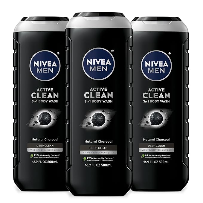 NIVEA MEN Real Madrid Limited Edition Design Active Clean Body Wash with Natural Charcoal for Normal to Oily Skin, 3-in-1 Charcoal Body Wash, Face and Hair, 16.9 Fl Oz Bottle, Pack of 3