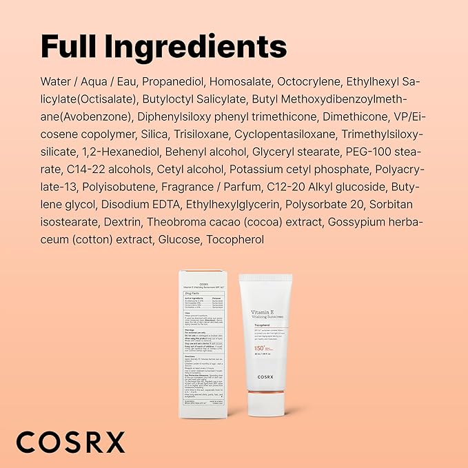 COSRX Vitamin E Vitalizing Sunscreen SPF 50, Natural Glow Face Sunscreen, Lightweight, Non-Sticky, No White Cast, Hydrating, Beach Essentials, Summer Travel Essentials, Korean Skincare,1.69 fl oz