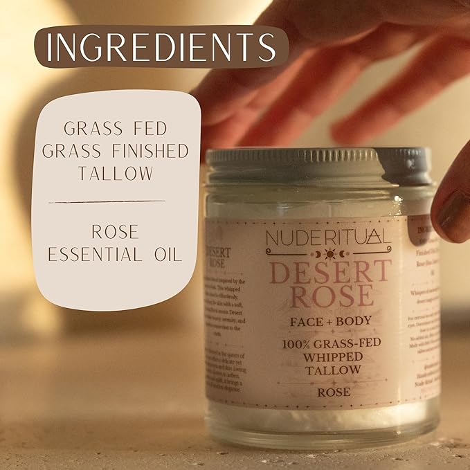 100% Grass-Fed Beef Tallow – Whipped Body Butter Moisturizer for Face & Body – USA Made Natural Lotion Alternative for Dry, Sensitive Skin – 4 oz (Desert Rose – Rose)