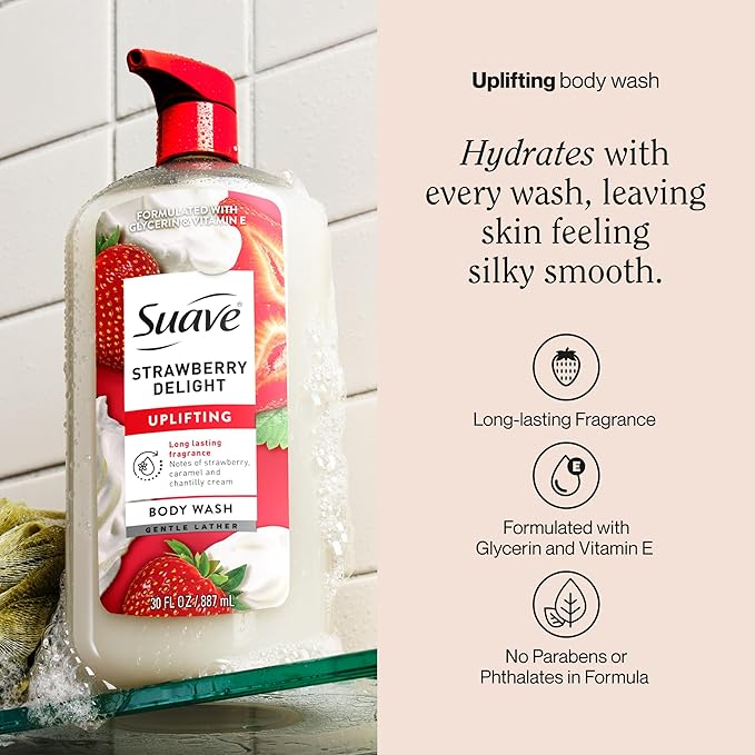 Suave Strawberry Delight Uplifting Body Wash, Formulated with Glycerin and Vitamin E for Hydrating and Gently Cleansing Skin, 30 FL OZ Pump, 4 Pack