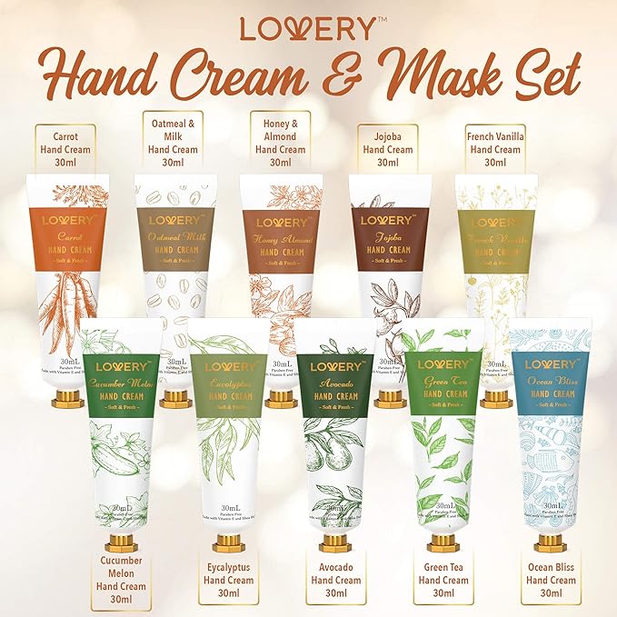 LOVERY Hand Cream and Hand Mask Gift Set - 10 Scented Moisturizing Hand Lotions & 5 Deep Conditioning Hand Masks Shea Butter, Vitamin E and Jojoba Oil - Gifts for Women, Men, Mom & Birthday