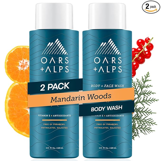 Oars + Alps Body Wash for Men, Mens Body Wash & Face Cleanser with Vitamin E & Antioxidants, Moisturizing, Paraben & Sulfate Free Cleanser, Mandarin Woods, 2pk