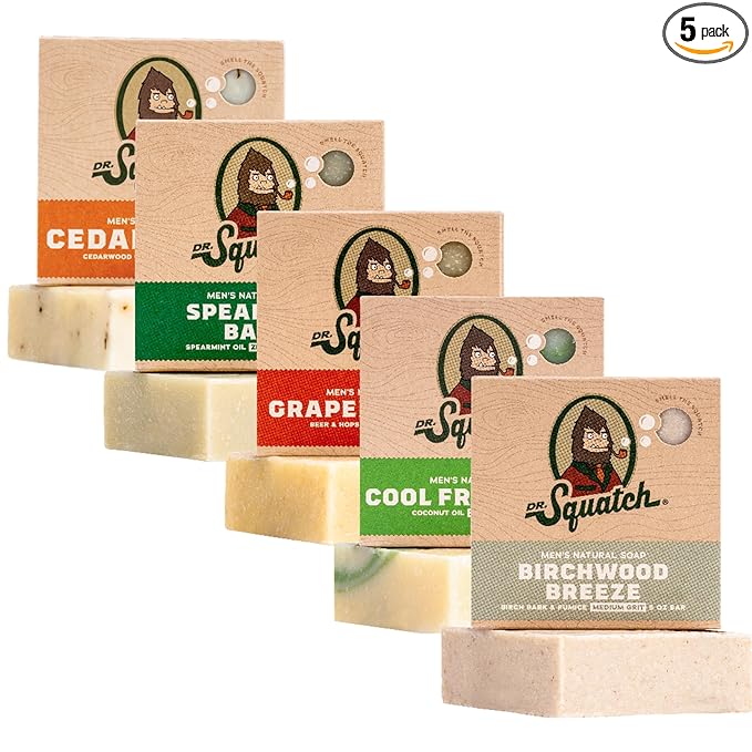 Dr. Squatch Natural Men’s Bar Soap - Cold Process Body Soap Bar with Natural Oils - Gifts for Men - Cool Fresh Aloe, Cedar Citrus, Birchwood Breeze, Spearmint Basil & Grapefruit IPA (5 oz, 5-Pack)