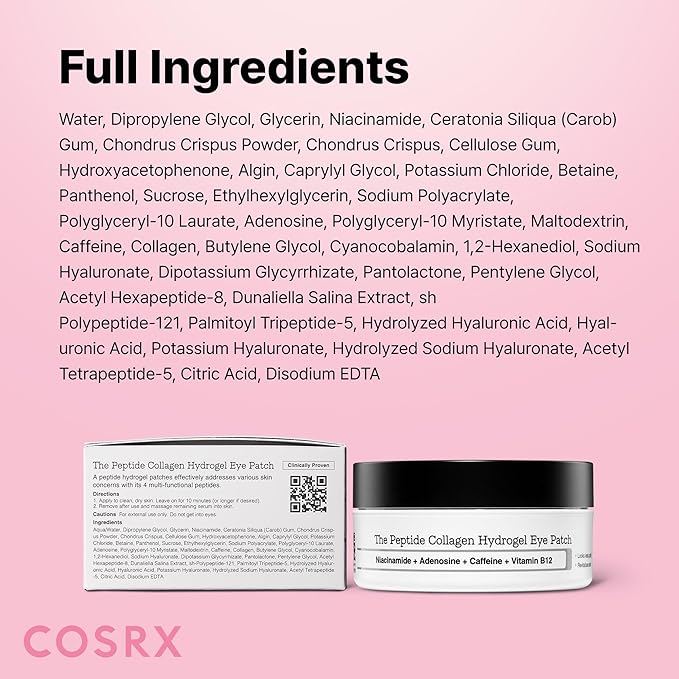 COSRX Pink Peptides Collagen Hydrogel Eye Patch for Puffy Eyes, Cooling & Firming Under Eye Patches with 4-Peptide & Caffeine (60), Depuffing Gel Eye Mask, Korean Skin Care