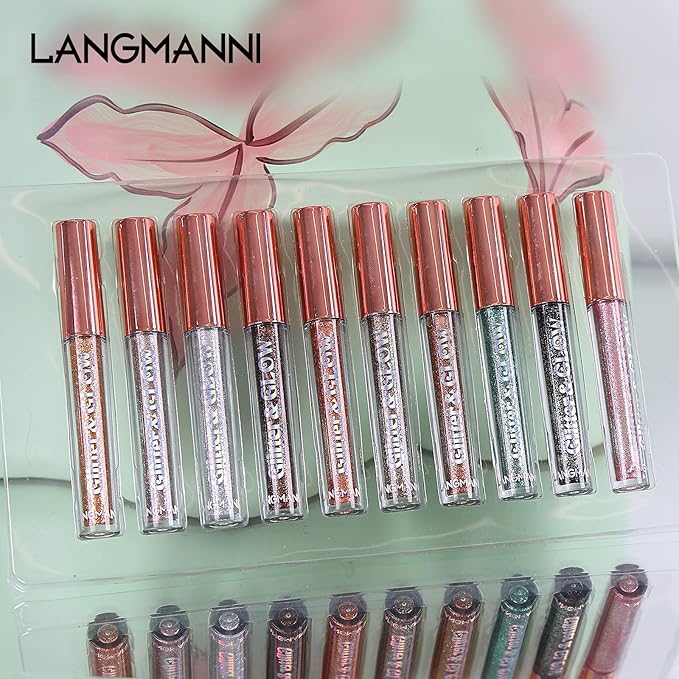 LANGMANNI 10 Pcs Liquid Glitter Eyeshadow,Metallic Shimmer Eyeshadow Sweatproof Makeup Set,Glitter Pressed All Highly Pigmented Blending Powder For Woman & Girl (10pcs)