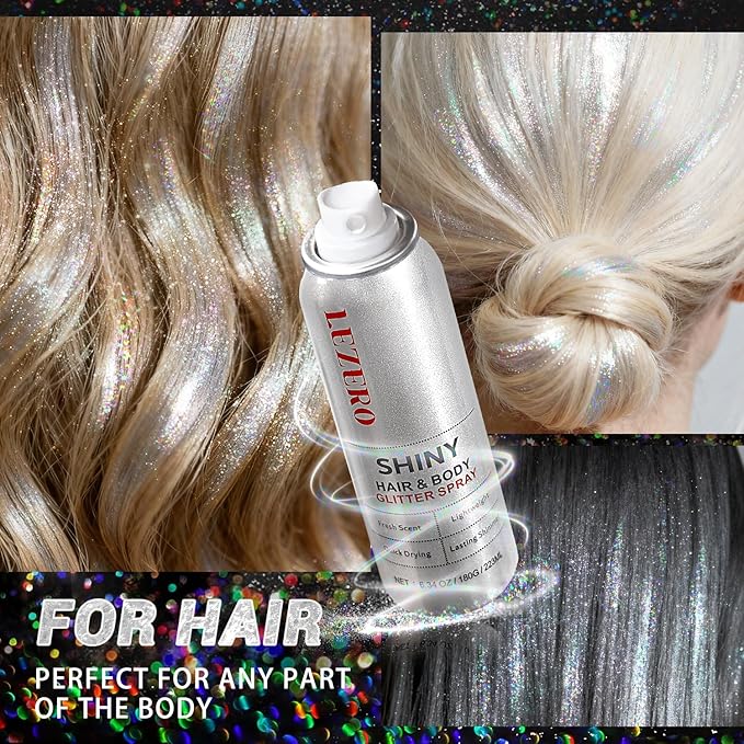 Hair and Body Glitter Spray for Women, Rainbow Silver Shimmer Makeup, Large Capacity for Festival Rave Outfits Accessories, 200ml/6.34oz