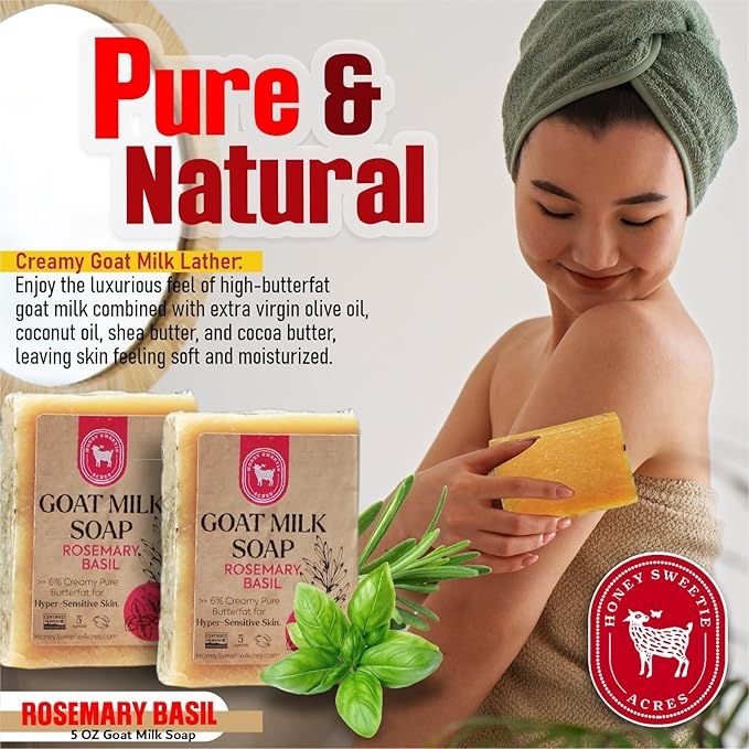 Honey Sweetie Acres 2-Pack Rosemary Basil Goat Milk Soap - Handmade 5 oz Bar, Made with Natural Ingredients, Moisturizing & Gentle, Made in the USA